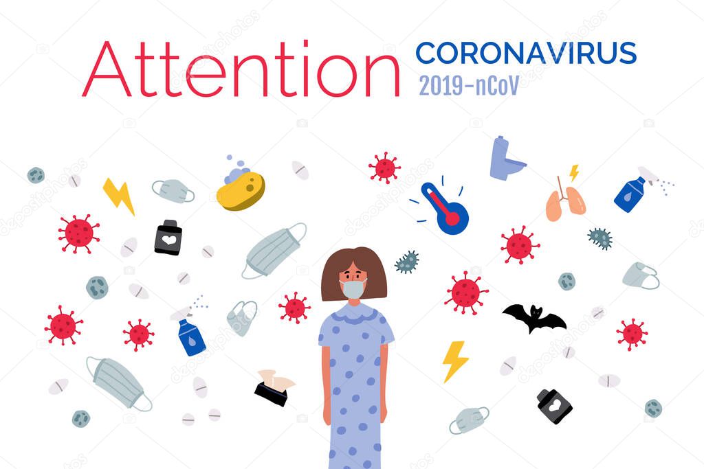 Information attack and manipulation of attention. Girl thinks about infection with Coronavirus. Disease, fear, bacteria and self-defense. 2019-nCoV concept flat vector illustration.