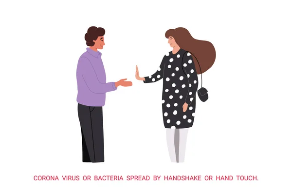Young people do not handshake with each other. Not contact. Precautions and prevention of coronavirus disease. Warning, dangerous infection on hands. Flat cartoon colorful vector illustration. — Stock Vector