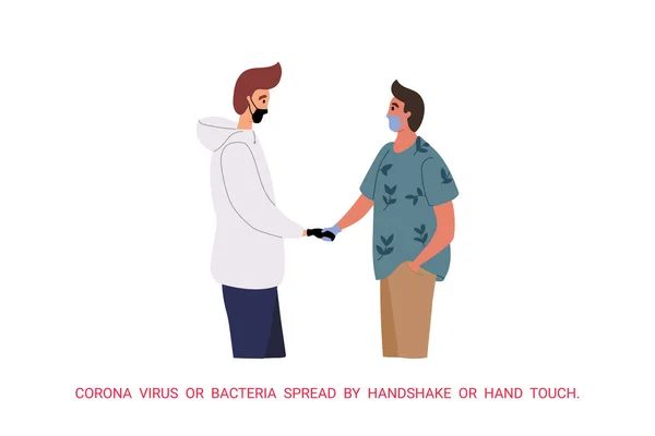 Gençler tıbbi eldivenlerle tokalaşıyor. Koronavirüs hastalığının önlenmesi ve önlenmesi. Uyarı, ellerinde tehlikeli enfeksiyon var. Düz çizgi film renkli vektör çizimi. — Stok Vektör