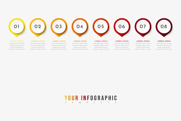 Vector timeline infographic with 8 pointers, steps or processes. Colorful template design. — Stock Vector