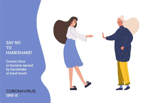 Say No to Handshake. Young people do not handshake with each other. Precautions and prevention of coronavirus disease. Flat cartoon colorful vector illustration. — Stock Vector