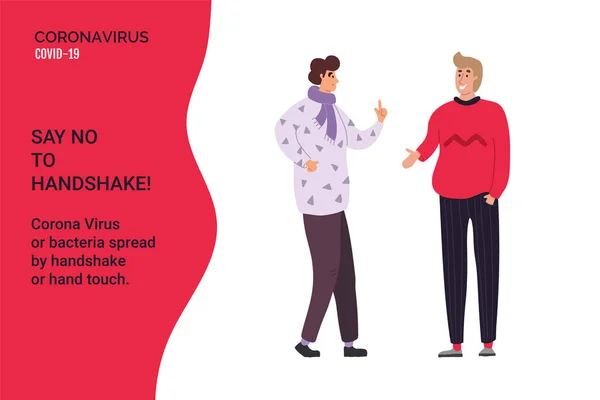 Say No to Handshake. Young people do not handshake with each other. Precautions and prevention of coronavirus disease. Flat cartoon colorful vector illustration. — Stock Vector