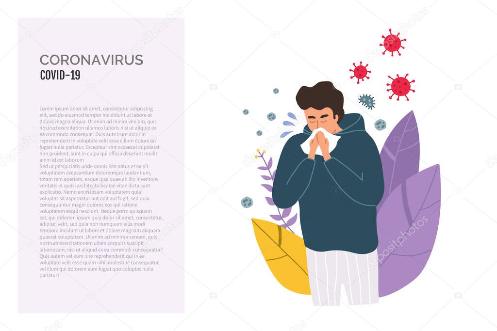 Man coughing in tissue. Boy without face mask. Virus germs spread in the air. Person during respiratory disease. Vector illustration in a flat style