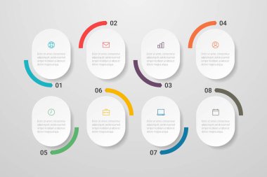 Simgeli ve 8 basamaklı bilgi tasarımı. Sunumlar, akış çizelgeleri, web siteleri, afişler, basılı materyaller için kullanılabilir. Vektör illüstrasyonu.