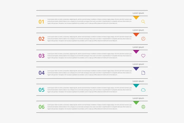 Infográfico abstrato vetorial moderno com 6 passos ou elementos de processos e ícones de marketing. Linha do tempo do conceito de negócio . — Vetor de Stock