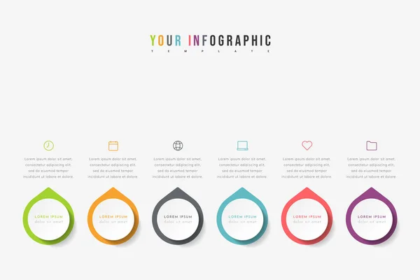 Vektorzeitachseninfografik mit 6 Zeigern, Schritten oder Prozessen. Bunte Vorlagengestaltung. — Stockvektor