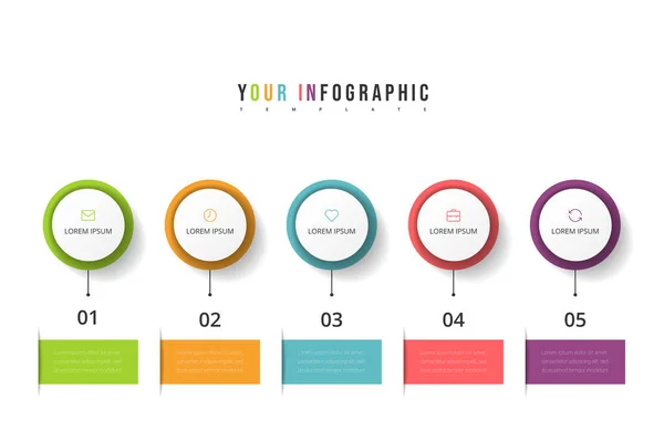 Vektorschrittgrafisches Diagramm-Design mit Symbolen und 5 Optionen oder Schritten. Vorlage für Unternehmen, Präsentationen, Websites, Flussdiagramm. — Stockvektor