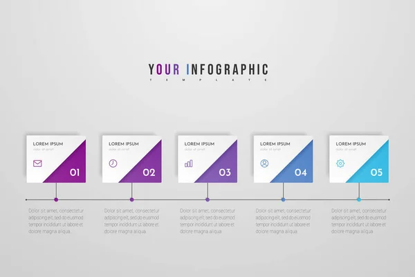 Design infográfico com ícones e 5 passos ou opções. Pode ser usado para gráficos de informações, fluxogramas, apresentações, sites, banners, materiais impressos. Ilustração vetorial . — Vetor de Stock