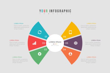 6 seçenekli bilgi grafikleri oluşturmak için soyut modern şablon. Vektör çemberi çizimi. İş akışı düzeni, sunumlar, raporlar, görselleştirmeler, diyagram, web tasarımı, eğitim için kullanılabilir.