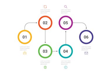 İş süreci. 6 seçenekli zaman çizelgesi bilgisi, daireler. Vektör illüstrasyonu.