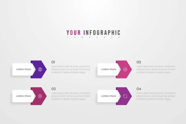 Infografische Konzeption mit 4 Optionen, Schritten oder Prozessen. Kann für Workflow-Layout, Jahresbericht, Flussdiagramme, Diagramme, Präsentationen, Websites, Banner, Druckmaterialien verwendet werden. — Stockvektor