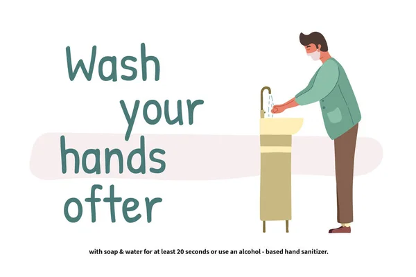 Man tvättar händerna. Perspektiv ung pojke stående vid tvättstället. Rena händer. Daglig personlig vård. Förebyggande av Covid-19. Vektor illustration i platt tecknad stil. — Stock vektor