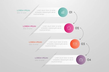 Bilgi grafikleri tasarımı ve pazarlama simgeleri 4 seçenek, adım veya süreç içerir. Yıllık rapor, akış çizelgeleri, diyagram, sunumlar ve web siteleri için kullanılabilir. Vektör illüstrasyonu