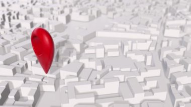 Beyaz blok şehir haritası üzerinde kırmızı Geotag pin döndürme 3B görüntüleyici.