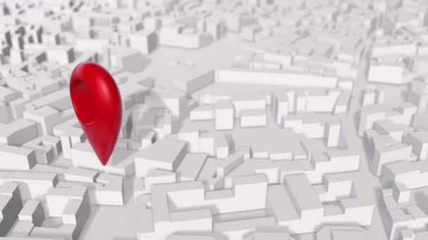 Renderização 3D do pino Geotag vermelho girar sobre o mapa da cidade bloco branco . — Vídeo de Stock