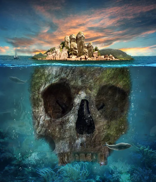 Insel Unterwasserschädel Konzeptgrafik Sanften Ölmalstil — Stockfoto