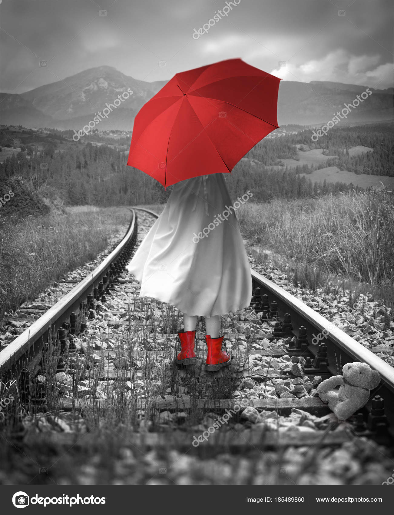 blande Kirken trappe Girl with a red umbrella on the tracks. Lost teddy bear. Digital Stock  Photo by ©cranach2 185489860
