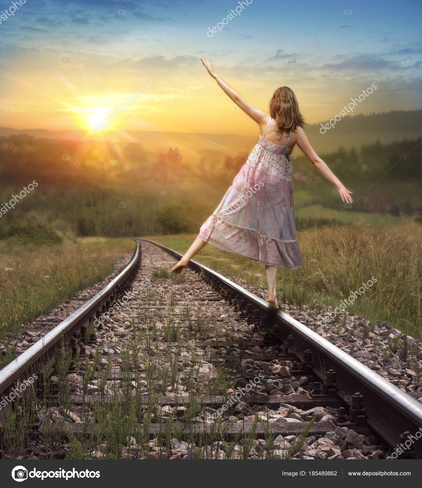 Young Girl Goes On Railway Tracks The Illustration For Cover P