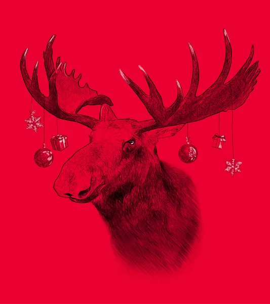 Moose on red background. Illustration in draw, sketch style. Fun — Stock Photo, Image