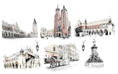 Krakov, Krakow Pazar Meydanı. Polonya. Çizimde çizmek, kaşar