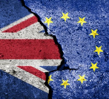 Brexit sembolü. Konsept illüstrasyon. Kırık w AB ve İngiltere bayrağı