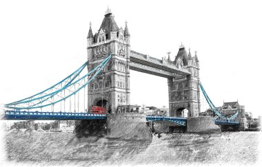 Tower Bridge, Londra, İngiltere Thames Nehri üzerinde. Çizimde çizmek, stil kroki.