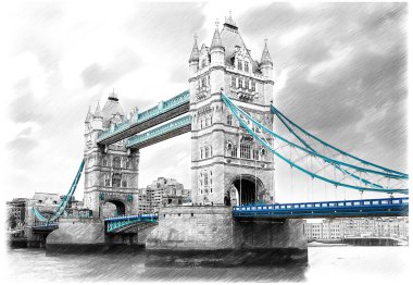 Tower Bridge, Londra, İngiltere Thames Nehri üzerinde. Çizimde çizmek, stil kroki.