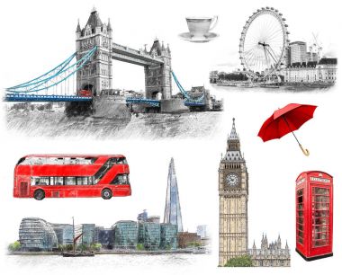 Londra tarihi yerler, el çekilmiş koleksiyonu. Çizimde çizmek, stil kroki.