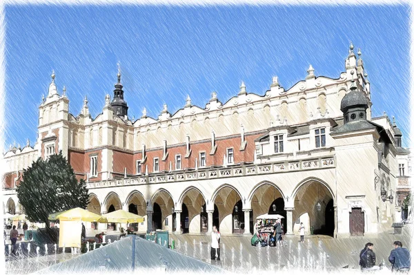 Cracow, Praça do Mercado de Cracóvia. Sukiennice. Polônia. Ilustração i — Fotografia de Stock