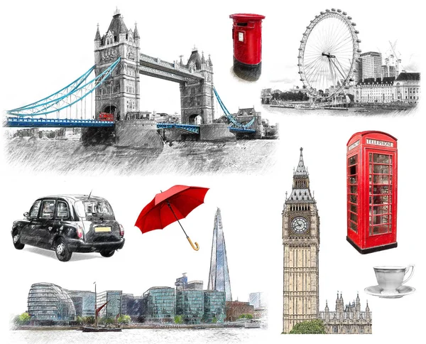 Londra tarihi yerler, el çekilmiş koleksiyonu. Çizimde çizmek, stil kroki.