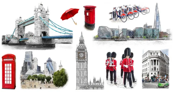 Monumentos de Londres, colección dibujada a mano. Ilustración en dibujo, estilo sketh — Foto de Stock