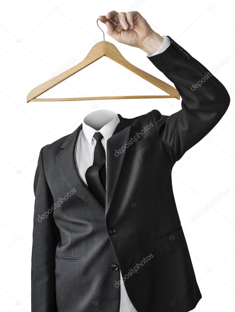 A man without a head with a clothes hanger.