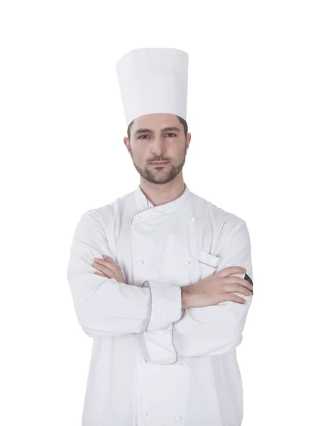 Jovem caucasiano sorridente alegre chef braços dobrados — Fotografia de Stock