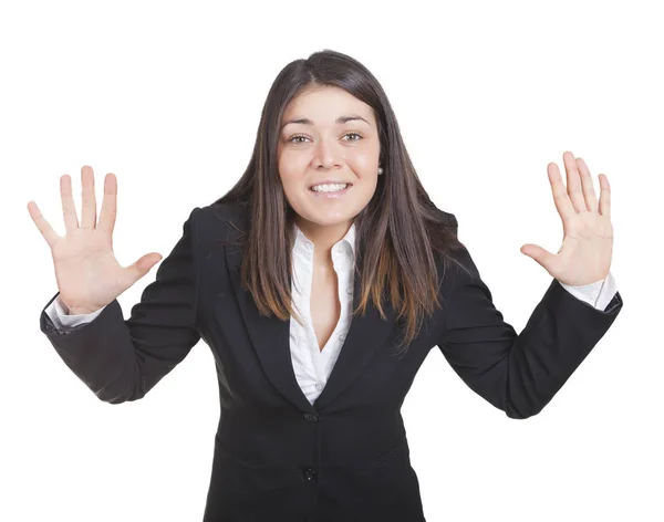 Jonge Kaukasische zakenvrouw gebaren met de handen — Stockfoto