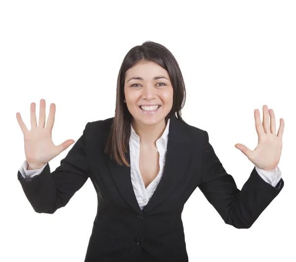 Jonge Kaukasische zakenvrouw gebaren met de handen — Stockfoto