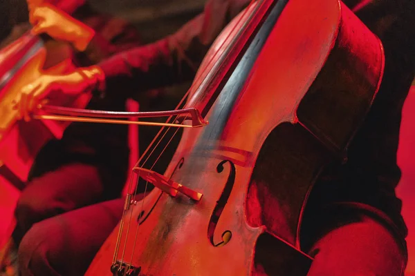 Cello-Konzert mit Instrument hautnah. roter lebendiger Hintergrund a Stockfoto