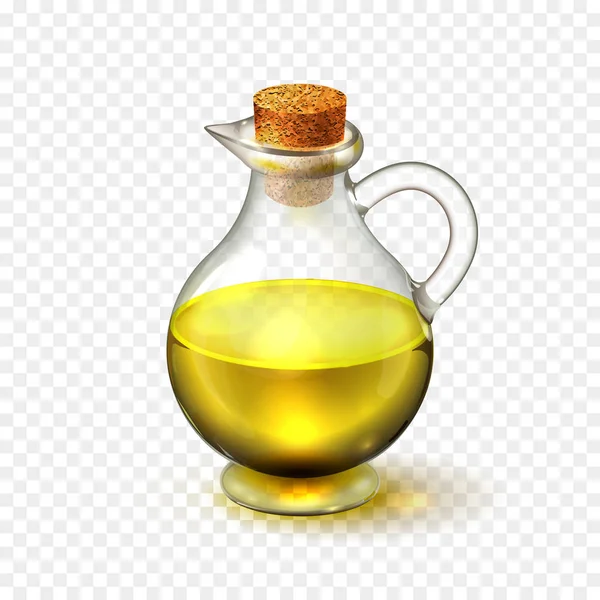 Realistiska glasflaska olivolja eller solrosolja utsäde olja med en corck som isolerade på en transparent bakgrund. Vektorillustration — Stock vektor