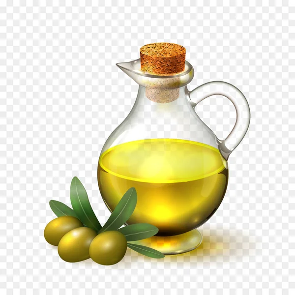 Оливкова олія в скляній пляшці з ручкою і пробкою і оливками з зеленим листям — стоковий вектор