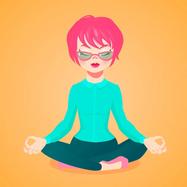 Vector cartoon illustartion of a young businesswoman meditating  in the lotus position — Stock Vector