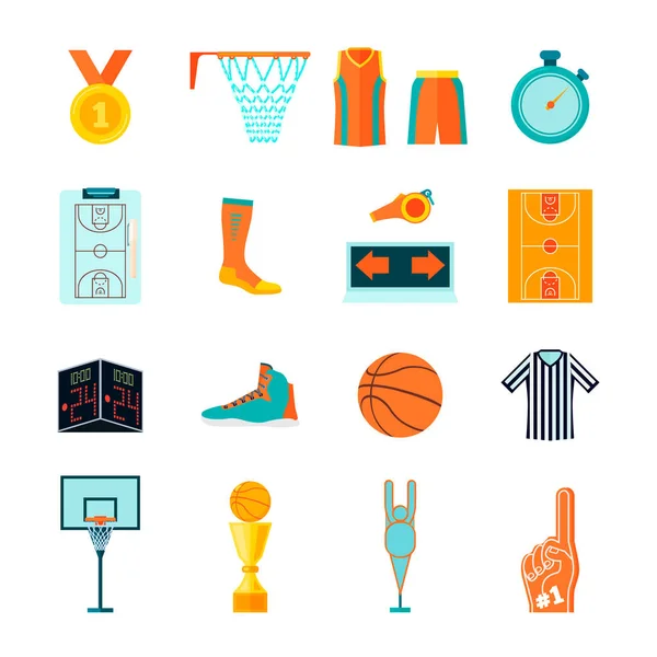 Iconos planos de baloncesto, equipo de pelota, cancha, aro, ventilador y árbitro, ropa y dispositivos — Vector de stock