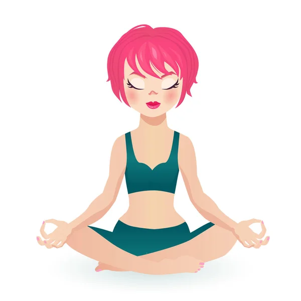 Pink hair fit girl sitting in the lotus pose in yoga clothing, closed eyes — Stock Vector