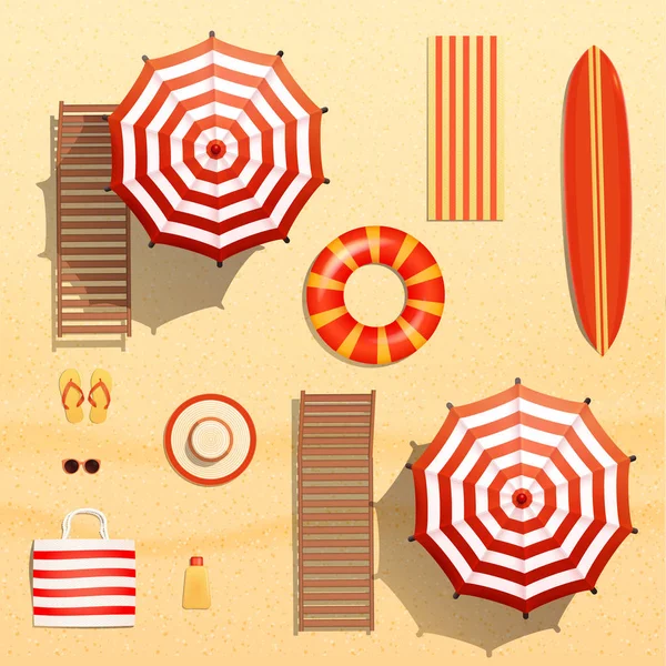 Ilustración realista de objetos vectoriales, sombrillas, tabla de surf, toalla, tumbona, anillo de natación, gafas de sol y otras cosas de la playa — Archivo Imágenes Vectoriales