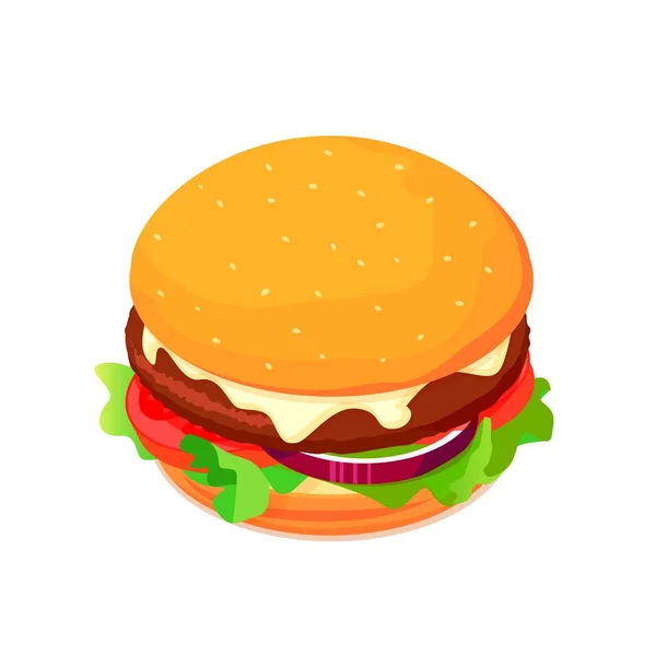 Isometric illustration of cheeseburger with tomato, salad and onion, American fast food illustration — Stock vektor