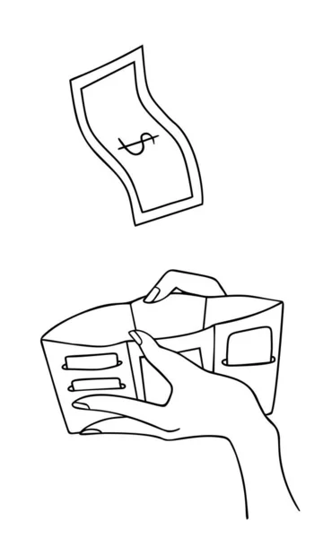 Weibliche Hand mit offenem leeren Portemonnaie, mit fliegendem Dollarsparkonzept. Vektor-Illustration, Linien- und Doodle-Skizzenstil, einfaches Design. Stockvektor