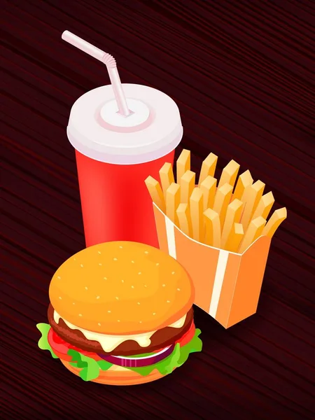 Ilustración vectorial de alimentos isométricos hamburguesa, papas fritas y cola. Concepto de comida rápida. Sabroso bocadillo . — Vector de stock