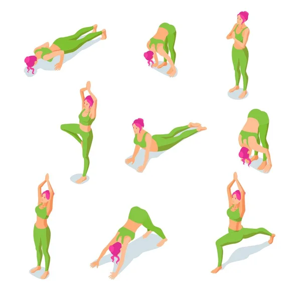Illustrazione isometrica di ragazza che fa pose yoga o asana — Vettoriale Stock