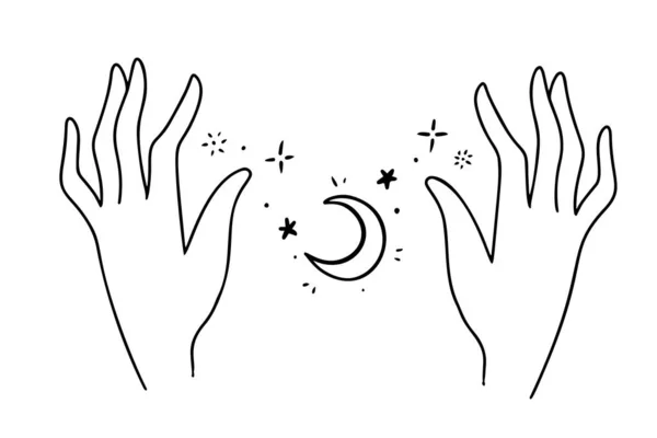 Bohemio dibujado a mano icono del logotipo de estilo de las manos que sostienen las estrellas y una luna. Moda, joyería, cuidado de la piel e ilustración del concepto de boda — Vector de stock