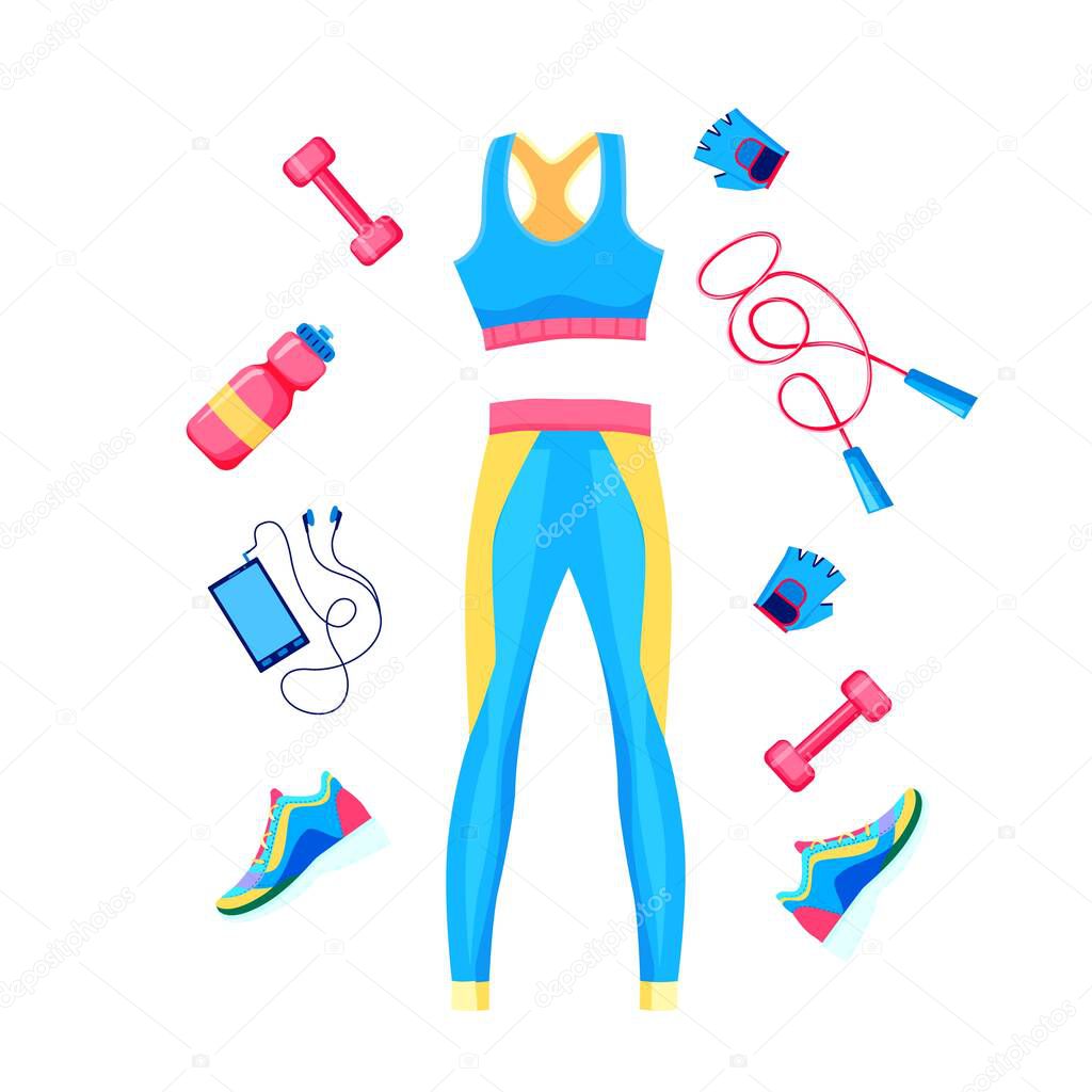 Set of female fitness equipment top, leggins, dumbbell, rope and sneakers poster template