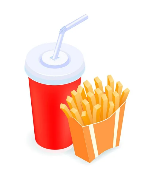 Isometrische vectorillustratie Franse frietjes en cola. Fastfood-concept — Stockvector