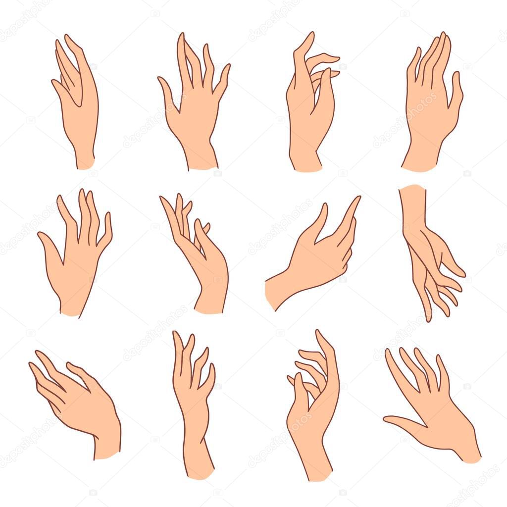 Set of minimalistic colored female hands art drawings symbols or signs